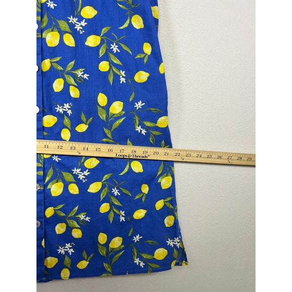 Fruit Core Lemon Print Women Blue Yellow Cotton Linen Button Front Shirt Dress - Picture 7 of 9